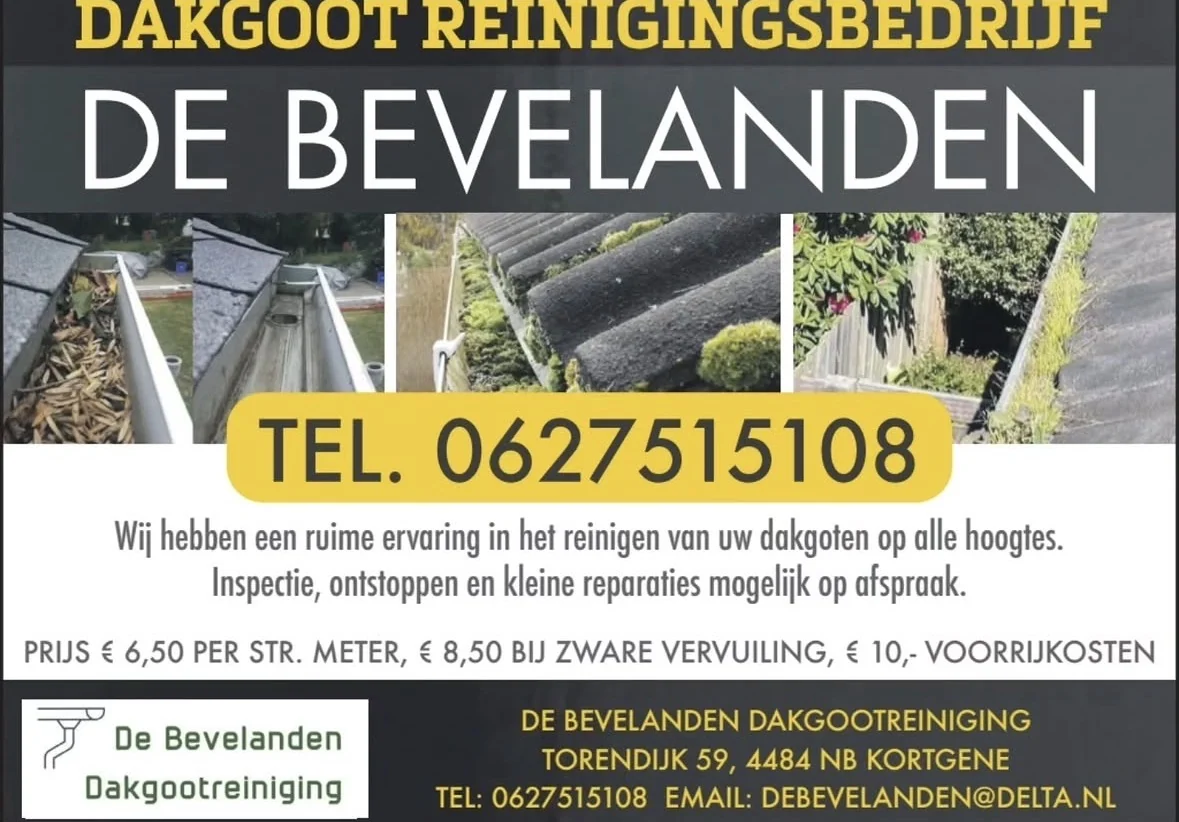 Originele flyer met diensten, prijzen en contactinformatie van De Bevelanden Dakgootreiniging