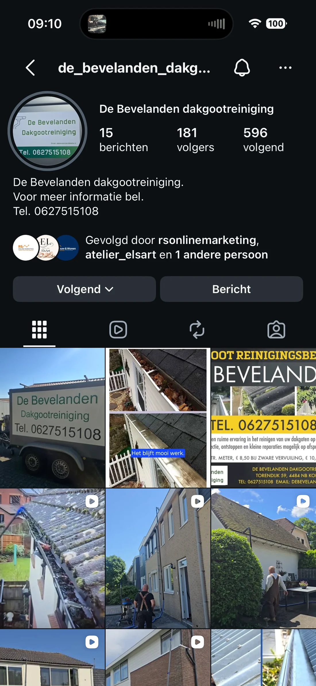 Instagramprofiel van De Bevelanden Dakgootreiniging met echte werkbeelden